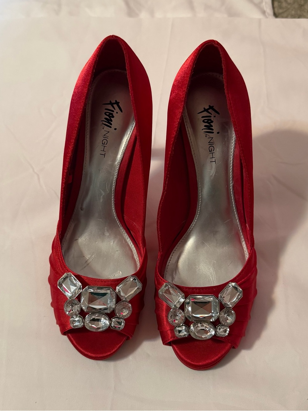 FIONI Clothing Red Satin Peep-Toe Heels with Jewel Embellishments